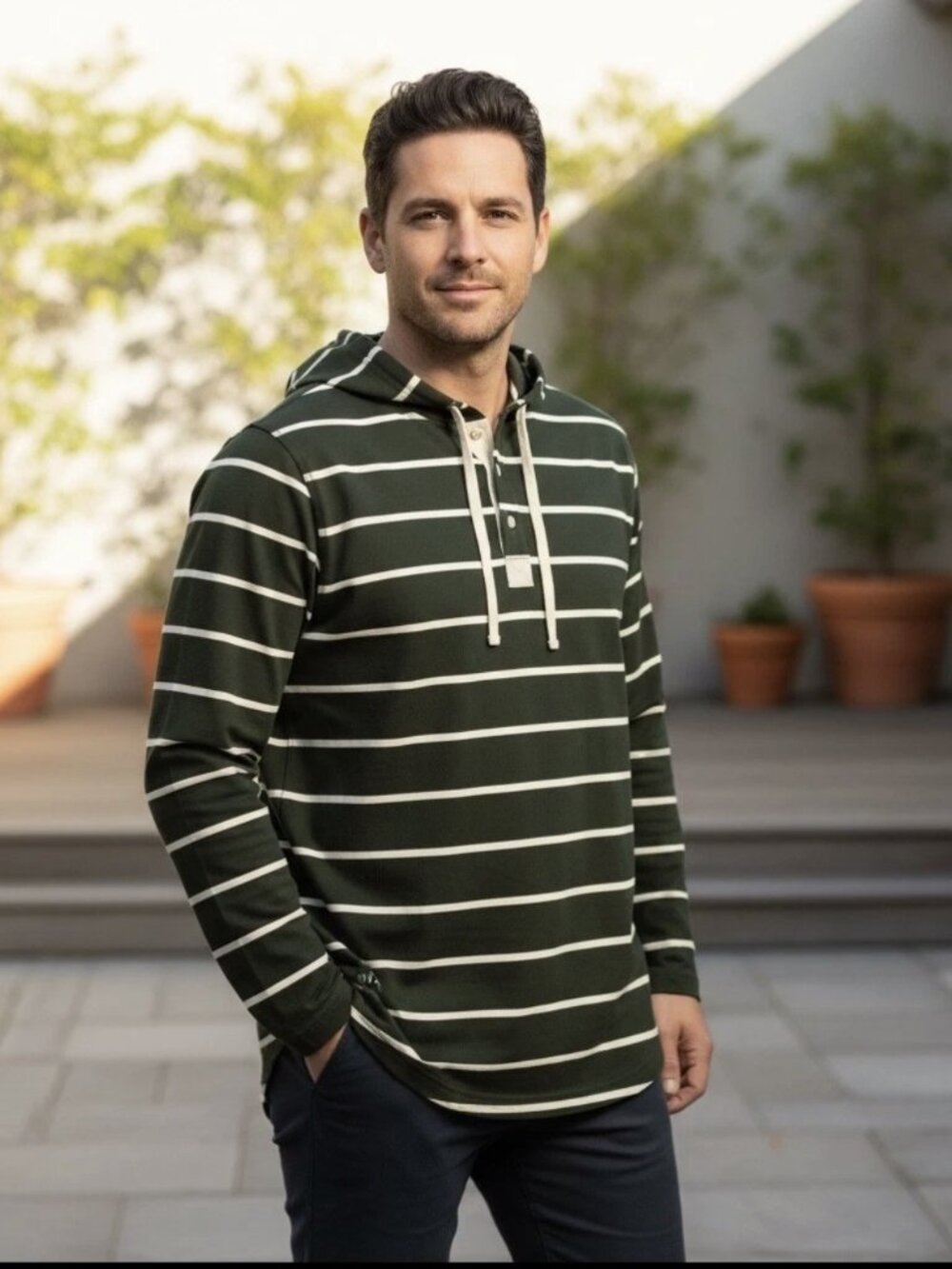BYLT Lux Hooded Henley Dark Green Stripe Drop Cut Long Sleeve Shirt Size Large